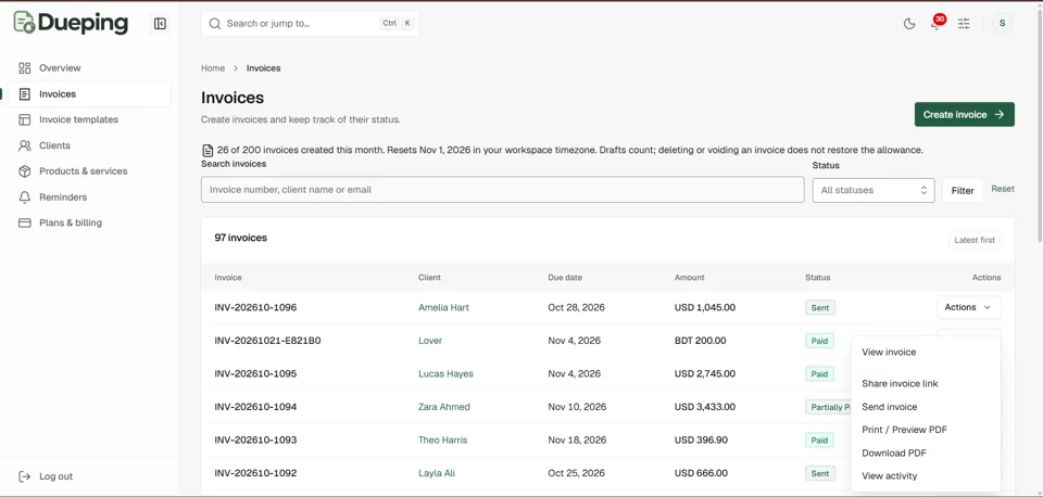 Dueping invoice list with paid, sent, partial, and overdue invoice statuses
