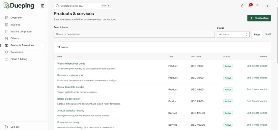 Dueping products and services catalog with reusable descriptions and prices